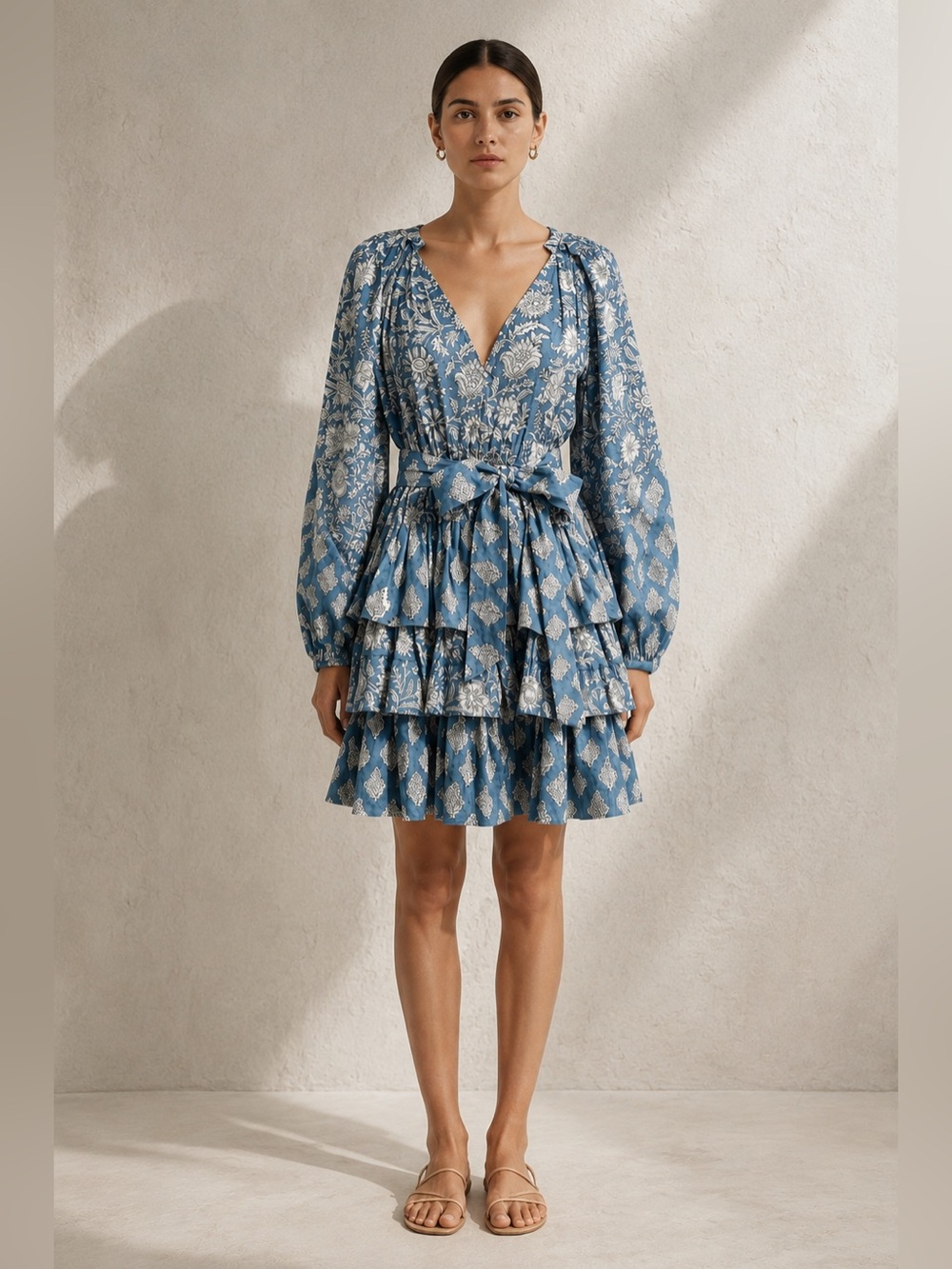 Marea by Liz Joy Grace Mixed Print Block Print Cotton Mini Dress tie waist Blue